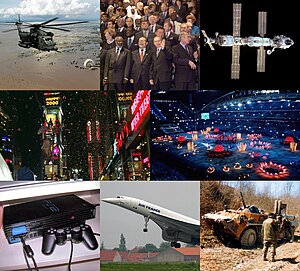 Clockwise from top-left: a U.S. Air Force MH-53 flies over the Mozambique flood which killed 700-800 people; heads of state meet for the Millennium Summit; the International Space Station in its infant form as seen from STS-97; the 2000 Summer Olympics are held in Sydney, Australia; Russian BTR-80 destroyed by Chechen fighters during the Second Chechen War; an Air France Concorde similar to the one that crashed after takeoff from Charles de Gaulle Airport in Paris; the PlayStation 2 releases, later becoming the best-selling video game console of all time; people of the world, as seen here in Times Square, celebrate the New Millennium. 2000 Events Collage 2.0.jpg