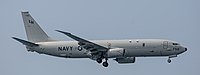 A US Navy P-8 Poseidon, tail number 168756, on final approach at Kadena Air Base in Okinawa, Japan.