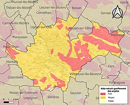 Carte des zones d'aléa retrait-gonflement des sols argileux de Béziers.