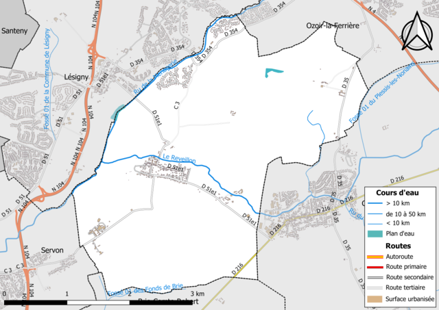 Carte en couleur présentant le réseau hydrographique de la commune