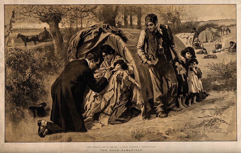 File:A physician examining a gypsy child with a stethoscope outsi Wellcome V0016271.jpg