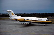 Fokker F28 at Jersey Airport in 1979 Air Anglia Fokker F28 Jersey Airport - August 1979.jpg