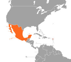 Карта, показваща местоположенията на Антигуа и Барбуда и Мексико