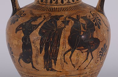 Amforă grecească cu figurile lui Hercule și Apollo pe un fundal brun de teracotă (cca. 720 î.Hr.).