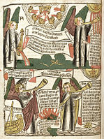 Page from the German Block book Apocalypse text, possibly the earliest of the blockbooks, with added hand-colouring
