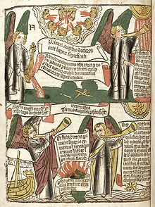 Page from the Apocalypse text, possibly the earliest of the blockbooks, with added hand-colouring Apocalypse.jpg