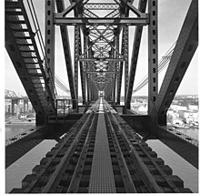 A view of the Arthur Kill Lift Bridge built in 1958. Arthur Kill Lift Bridge view of tracks.jpg