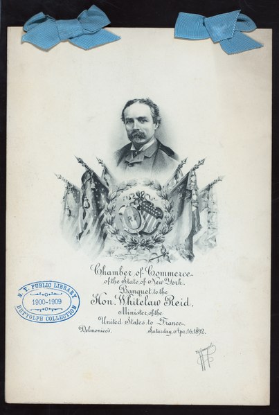 File:BANQUET TO THE HON. WHITELAW REID, MINISTER OF THE UNITED STATES TO FRANCE (held by) CHAMBER OF COMMERCE OF THE STATE OF NEW YORK (at) "DELMONICO'S, NEW YORK, NY" (HOTE;) (NYPL Hades-270095-474745).tiff