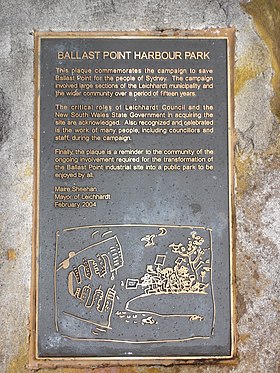 Plaque commemorating the campaign to save Ballast Point Ballast Point New South Wales 2.JPG