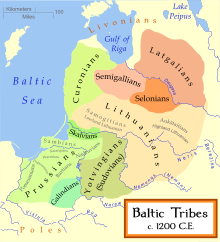 Distribution of the Baltic tribes, circa 1200 (boundaries are approximate). Baltic Tribes c 1200.svg