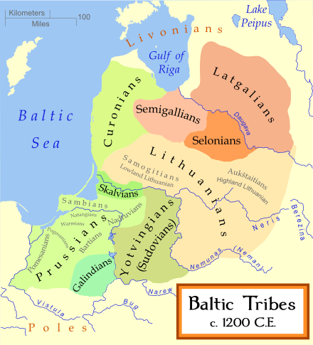 Distribution of the Baltic tribes c. 1200 AD just before the coming of the Teutonic Order. Baltic territory extended far inland.