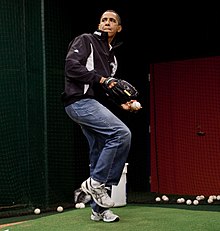 Barack Obama practices pitching wearing "dad jeans" in advance of throwing the ceremonial first pitch at the 2009 MLB All-Star Game Barack Obama practises baseball (cropped).jpg