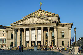 Bayerisches Nationaltheater from 1818 in Munich, Bavaria, Germany; one of the world's most renowned opera houses, burnt down and reconstructed twice: 1823–25 and after WW II from 1958 to 1963.