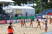 Deutsch: Beachhandball Europameisterschaften 2019 (Beach handball Euro); Tag 2: 3. Juli 2019 – Frauen, Vorrunde Gruppe C, Spanien-Griechenland 2:1 (12:20, 18:16; 8:2) English: Beach handball Euro; Day 2: 3 July 2019 – Women Preliminary Round Group C – Spain-Greece 2:1 (12:20, 18:16; 8:2)