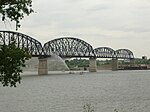 The Big Four Bridge with a fire on its deck being extinguished in May 2008