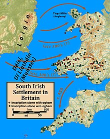 A map of the early Irish raids and colonies of Britain during and following Roman rule in Britain. Britain.Deisi.Laigin.jpg