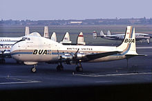 A British United Airways ATL-98 Carvair seen parked on the apron with two Capitol International Lockheed Constellations and an Air France Breguet Deux-Ponts in the background at Berlin Tempelhof in August 1967