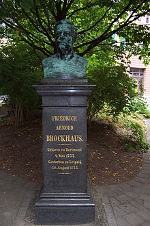 Monument to Brockhaus with bust at the inner courtyard of the Brockhaus-Zentrum in Leipzig (Source: Wikimedia)