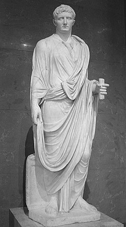 Octavian as a magistrate. The statue's marble head was made c. 30-20 BC, the body sculpted in the 2nd century AD (Louvre, Paris). Caesar augustus.jpg