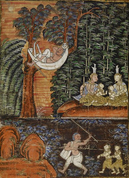 https://upload.wikimedia.org/wikipedia/commons/thumb/1/13/Cambodian_-_Vessantara_Jataka%2C_Chapter_11_-_Jujaka_Treats_Jali_and_Kanha_Poorly%3B_While_Jujaka_Sleeps_the_Children_are_Cared_For_-_Walters_20101241_-_Front_A_T.jpg/435px-thumbnail.jpg