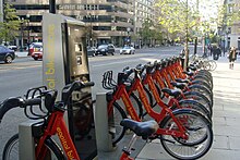 Capital Bikeshare rental site near McPherson Square Metro station, downtown. Capital Bikeshare DC 2010 10 532.JPG