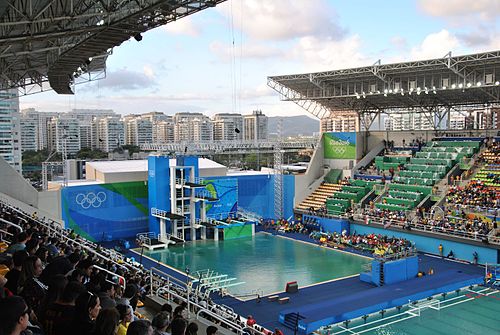 The Maria Lenk Aquatic Center's diving pool, during the 2016 Summer Olympics.