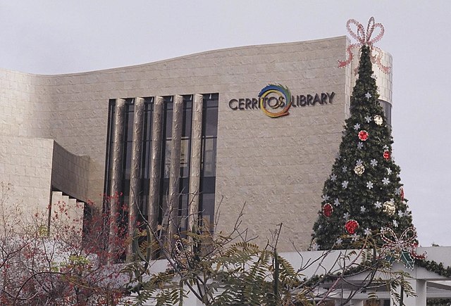 Cerritos Library with a Christmas tree