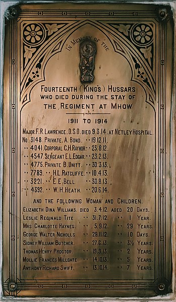 File:Christ Church Mhow Plaque 14th Kings Hussars.jpg