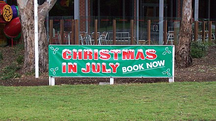 Christmas in July promotional banner in Melbourne, Australia