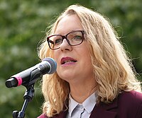 Energy economist Claudia Kemfert speaking at a Fridays for Future rally in Berlin on 31 May 2024