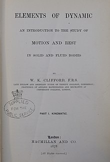 Title page of Volume 1 (1878) containing books I-III of Clifford's "Elements of Dynamic" Clifford-2-2-vol 1-3.jpg