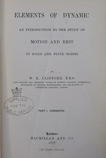 Title page of Volume 1 (1878) containing books I-III of Clifford's "Elements of Dynamic"