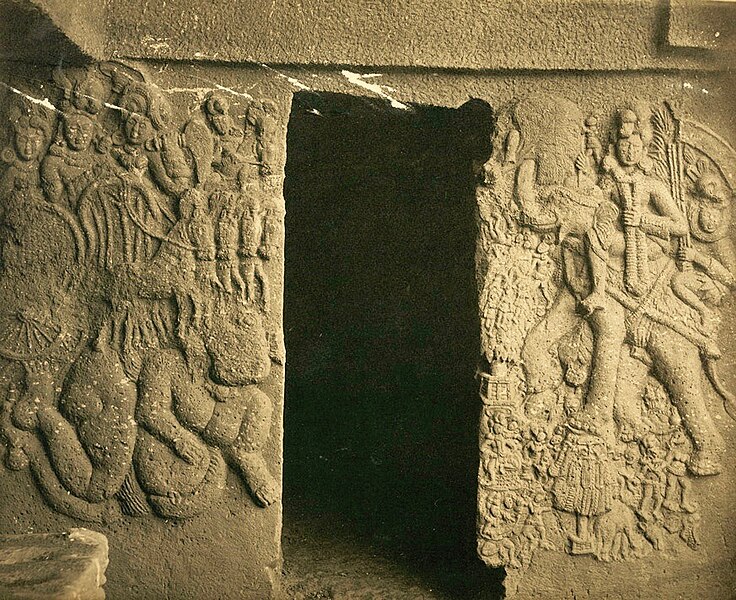 File:Close view of sculpture round doorway at rightside of verandah of the small Buddhist Vihara, Bhaja Caves, a photo by Henry Cousens.jpg