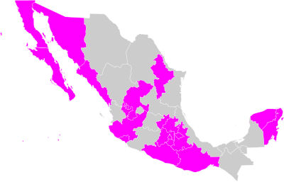 Map of Mexican states that have banned conversion therapies. States in pink have enacted a ban on conversion therapy. Conversion Therapy bans in Mexico.svg