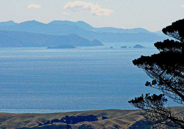 A view from the summit of Mount Kaukau across Cook Strait to the Marlborough Sounds in the distance.