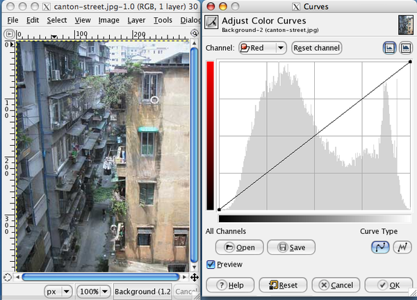 Photo and curve dialog in the GIMP Curves none applied.png