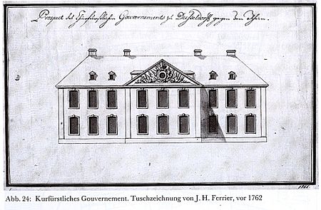 Düsseldorf, Kurfürstliches Gouvernement, Tuschzeichnung von J.H. Ferrier, vor 1762