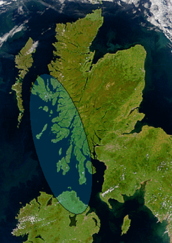 Satellite image of Scotland and Northern Ireland showing the approximate greatest extent of Dál Riata (shaded). The mountainous spine which separates the east and west coasts of Scotland can be seen.