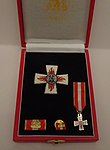 Ehrenzeichen des LFV Berlin als Steckkreuz mit Bandschnalle, Bandsteg und Miniaturschluppe im Verleihungsetui