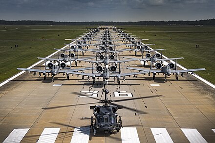 Aircraft from the 23rd Wing conducted a surge exercise May 22, 2017, at Moody Air Force Base, Ga. The exercise demonstrated the wing's ability to rapidly deploy combat ready forces across the globe. The 23rd Wing maintains and operates A-10C Thunderbolt IIs, HH-60G Pave Hawks, and HC-130J Combat King II aircraft for precision attack, personnel recovery and combat support worldwide. Elephant Walk (170522-F-NI493-711).jpg