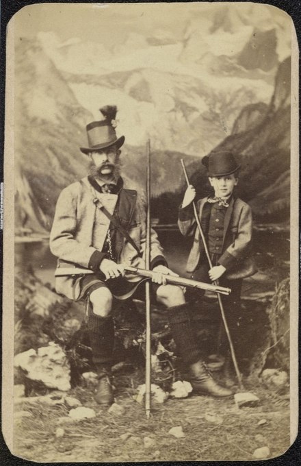 Emperor Franz Joseph hunting with his only son Rudolf, Crown Prince of Austria..