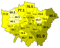 Percentage of the population whose main language is English in London in 2021 English as main language in London 2021.svg