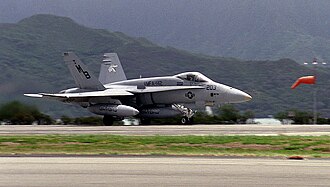 A VMFA-142 F/A-18 at MCAS Kaneohe Bay, 2005. FA-18A Hornet of VMFA-142 takes off from Kaneohe Bay in 1998.jpg
