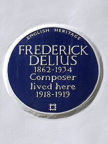 Blue plaque commemorating Frederick Delius. FREDERICK DELIUS 1862-1934 Composer lived here 1918-1919.jpg