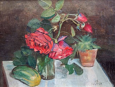 Nature morte avec des roses rouges dans un vase en verre, 1929.