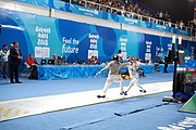 Deutsch: Fechten bei den Olympischen Jugend-Sommerspielen 2018: Tag 1, 7. Oktober 2018, Jungen, Säbel, Viertelfinale - Krisztián Rabb (HUN) - Antonio Heathcock (GER) 15:11 English: Fencing at the 2018 Summer Youth Olympics at 7 October 2018 – Boys' sabre Quarterfinals – Krisztián Rabb (HUN) Vs Antonio Heathcock (GER) 15:11