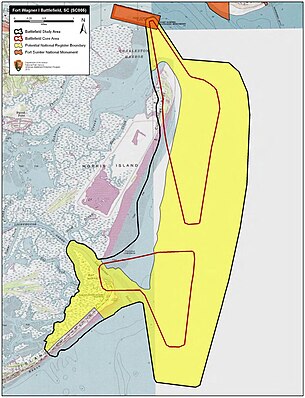 Map of Fort Wagner I Battlefield core and study areas by the American Battlefield Protection Program. Fort Wagner I Battlefield South Carolina.jpg