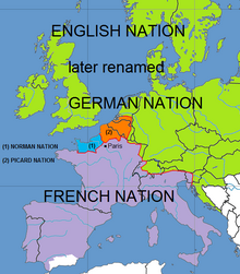Map showing the territories covered by the four nations of the University of Paris during the Middle Ages. Four nations of the University of Paris.png
