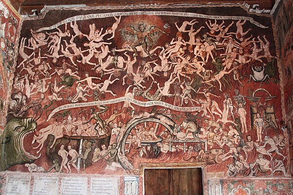 Preserved colonial wall paintings of 1802 depicting Hell, by Tadeo Escalante, inside the Church of San Juan Bautista in Huaro, Peru