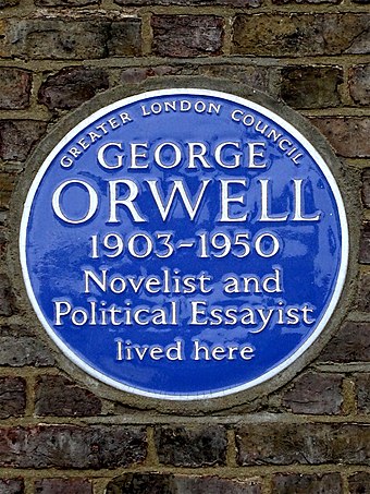 English Heritage blue plaque in Kentish Town, London where Orwell lived from August 1935 until January 1936.